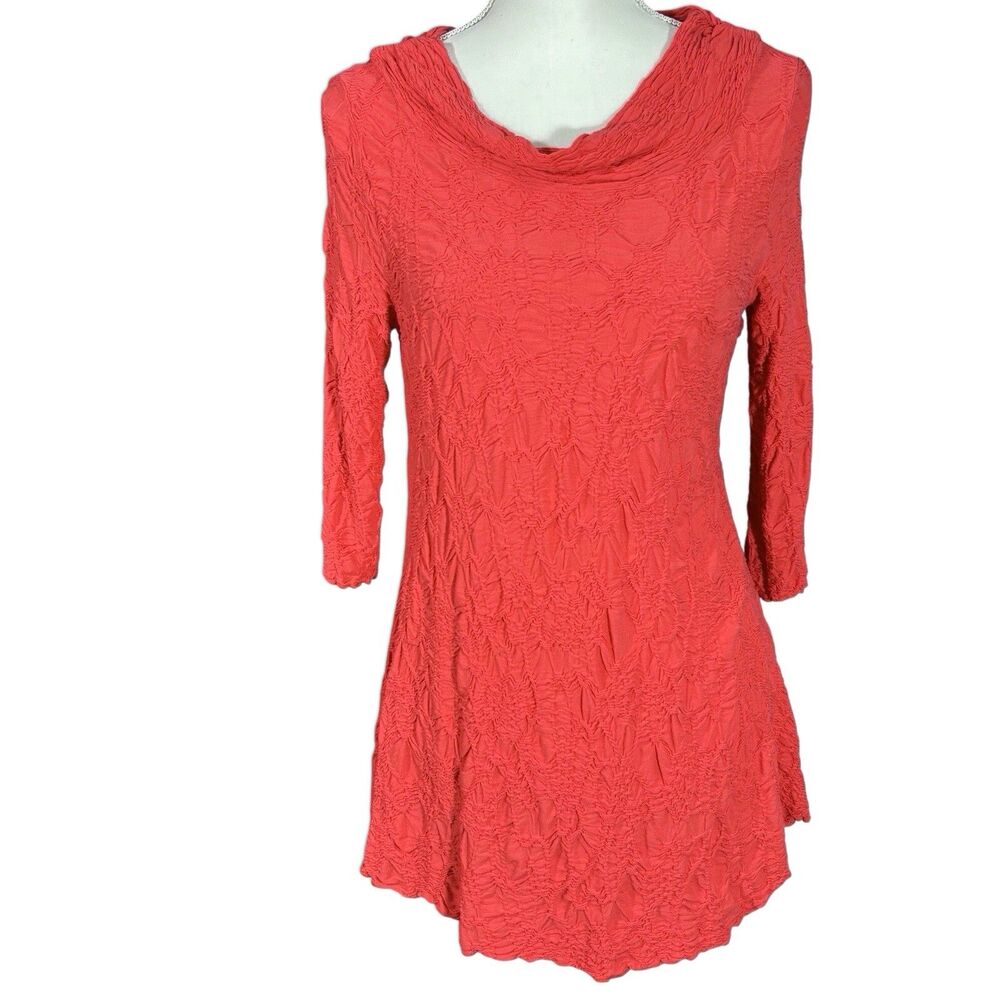 SnoSkins Crinkled Cowl Neck Top Ruched Womens Medium 3/4 Sleeves Orange